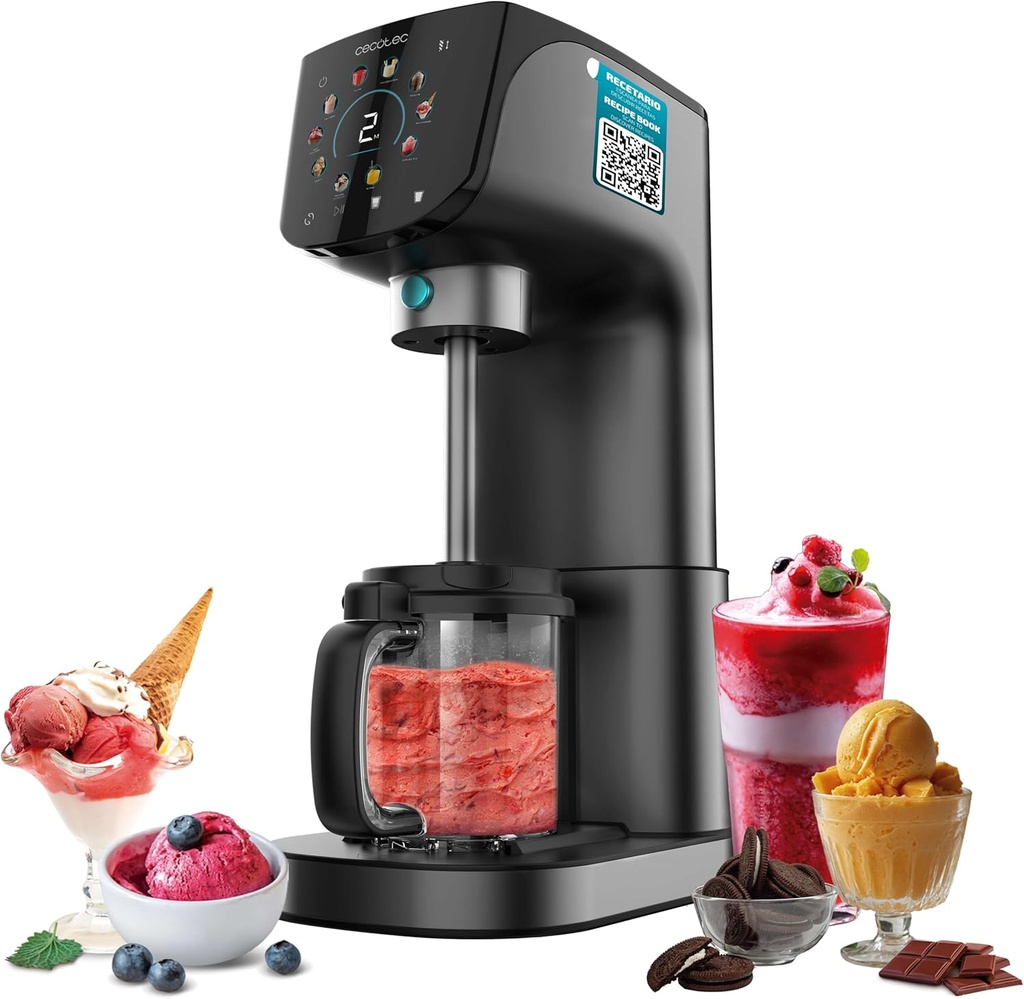 Cecotec Sorbetière Multifunction Machine à Glace Gelatec 2100. 500W, 11 Programe de Glace et Boissons Granitées, Technologie CreamOn et Re-spin, Écran Tactile, 3 Bacs, Capacitate 2.1L