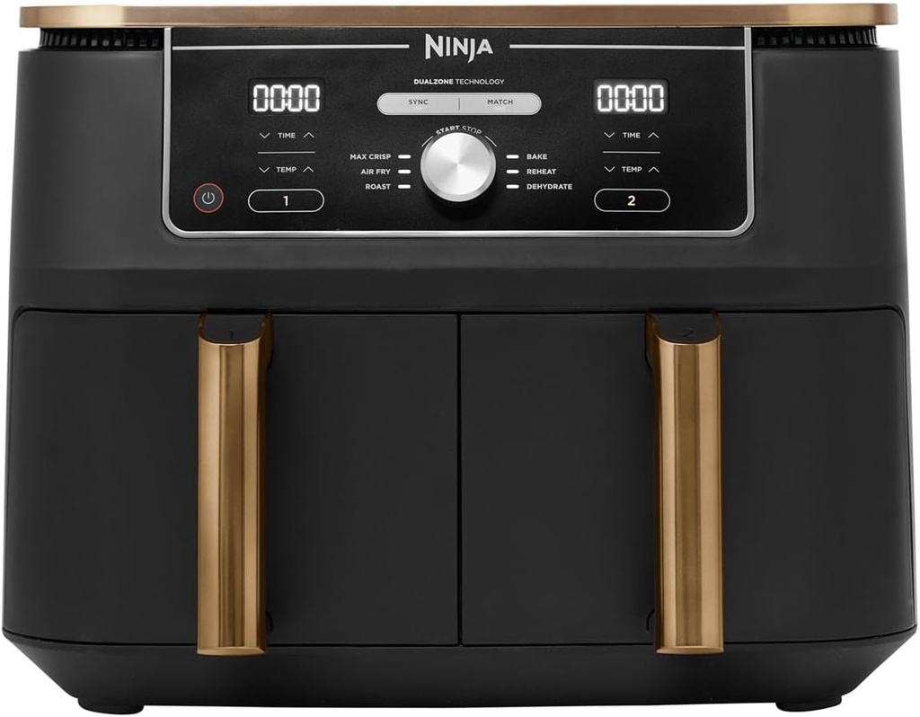 Friteuză cu aer Ninja Foodi MAX cu zonă duală [AF400EUCP] Exclusiv Amazon, 2470 wați, 9,5 l, 2 compartimente pentru friteuză cu aer, 6 funcții, 27 x 41,5 x 32,5 cm, Cupru/Negru