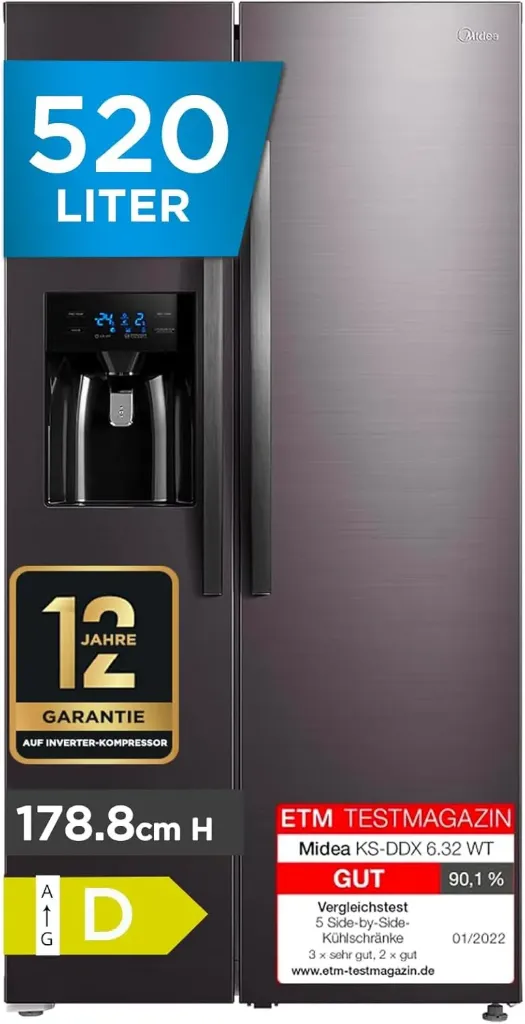 Sidebyside Midea KS-DDX 6.32 WT, 520L, Dozator, Inverter, Clasa D